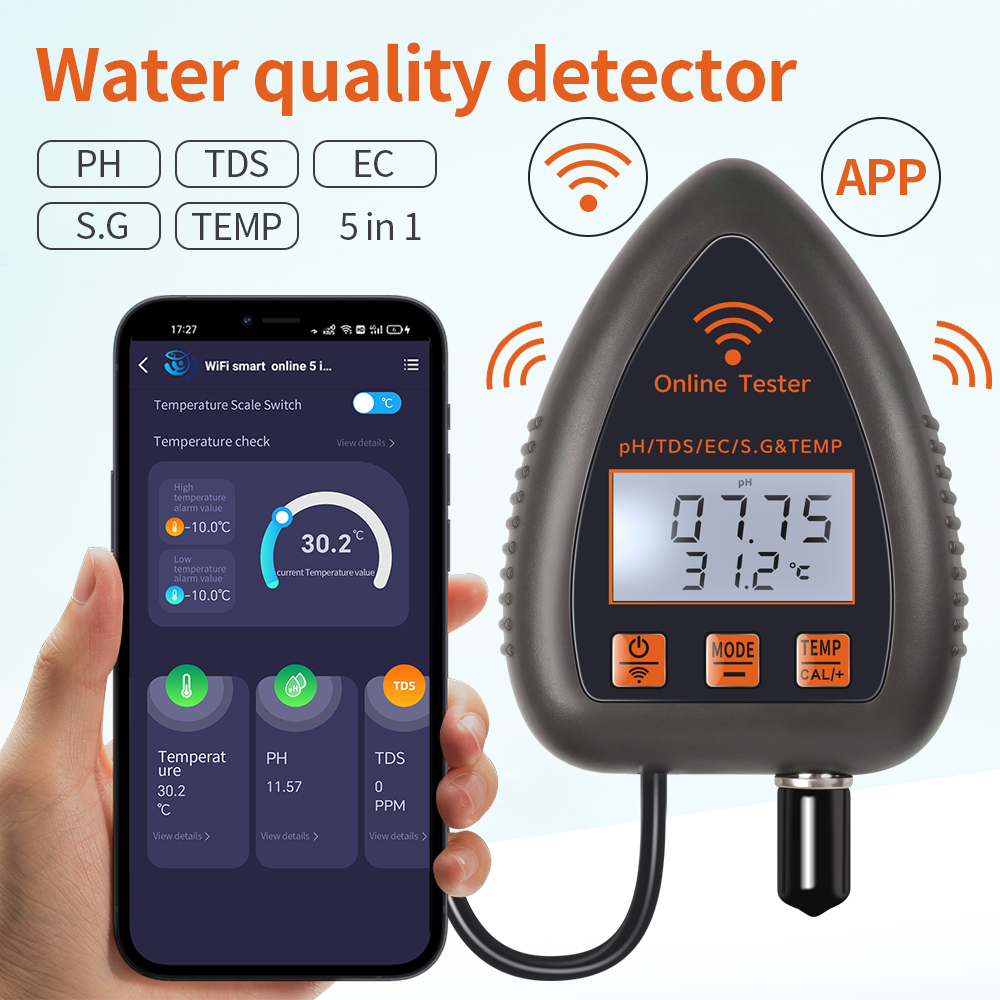 Ph Meter Digital Water Tester - Tuya WiFi 5 in 1 TDS/EC/เกลือ/S.G./อุณหภูมิ