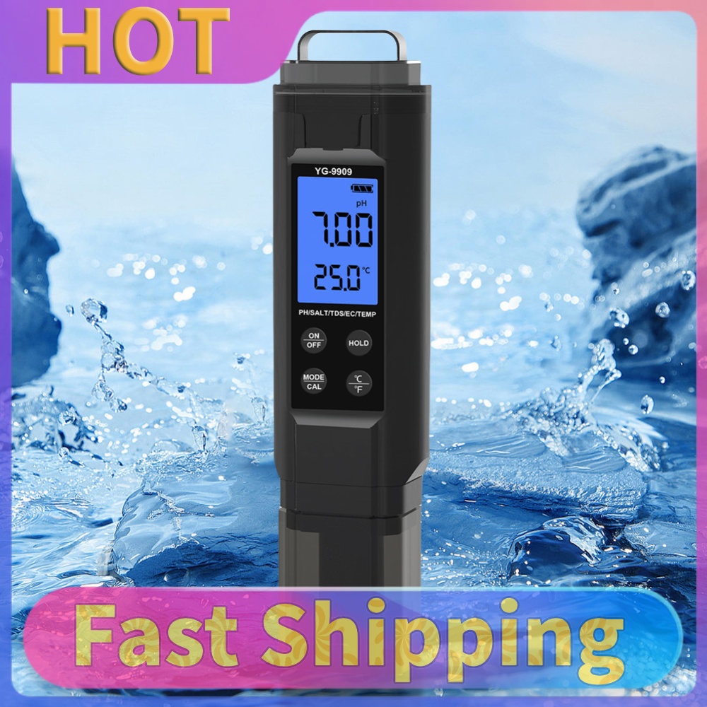 Ph Meter Digital Water Tester - ปากกาทดสอบคุณภาพน้ำดิจิทัล 5-in-1 วัดค่าความเค็ม/ค่า pH/อุณหภูมิ/ค่า EC/ค่า TDS
