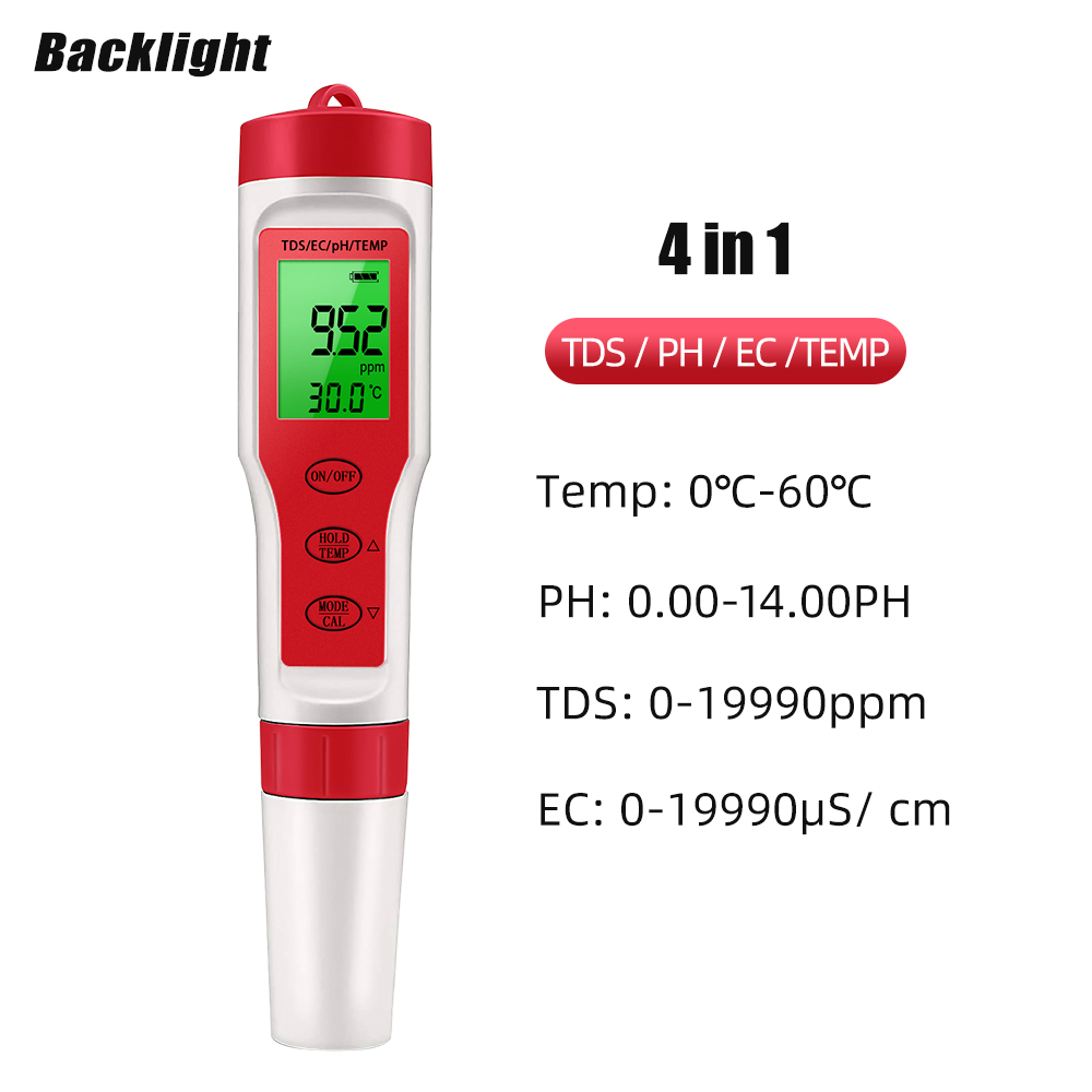 Ph Meter Digital Water Tester - เครื่องวัดคุณภาพน้ำดิจิตอล 4 in 1 TDS PH